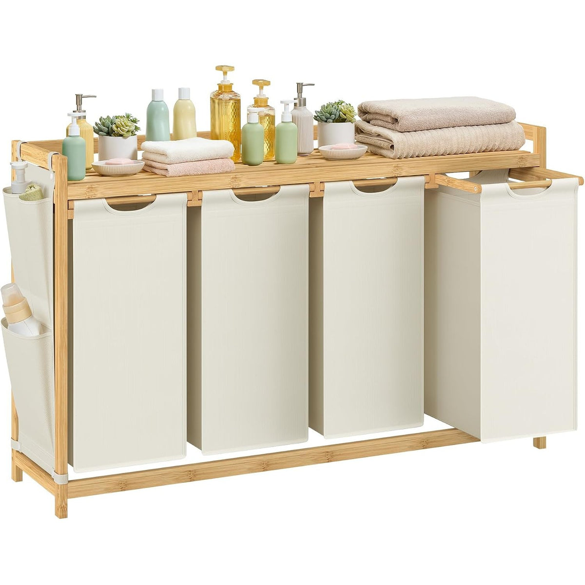Wäschesortierer 4 Fächer 200 l Bambus Naturbeige von Songmics