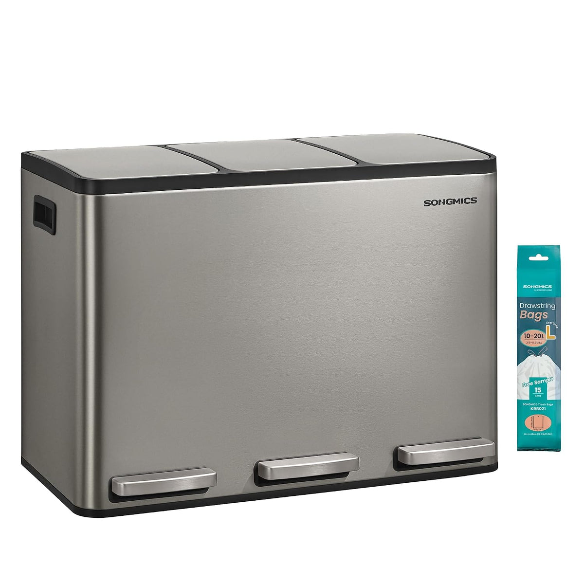 Mülleimer 3x15 l Dreifach Abfalleimer Edelstahl Silber von Songmics