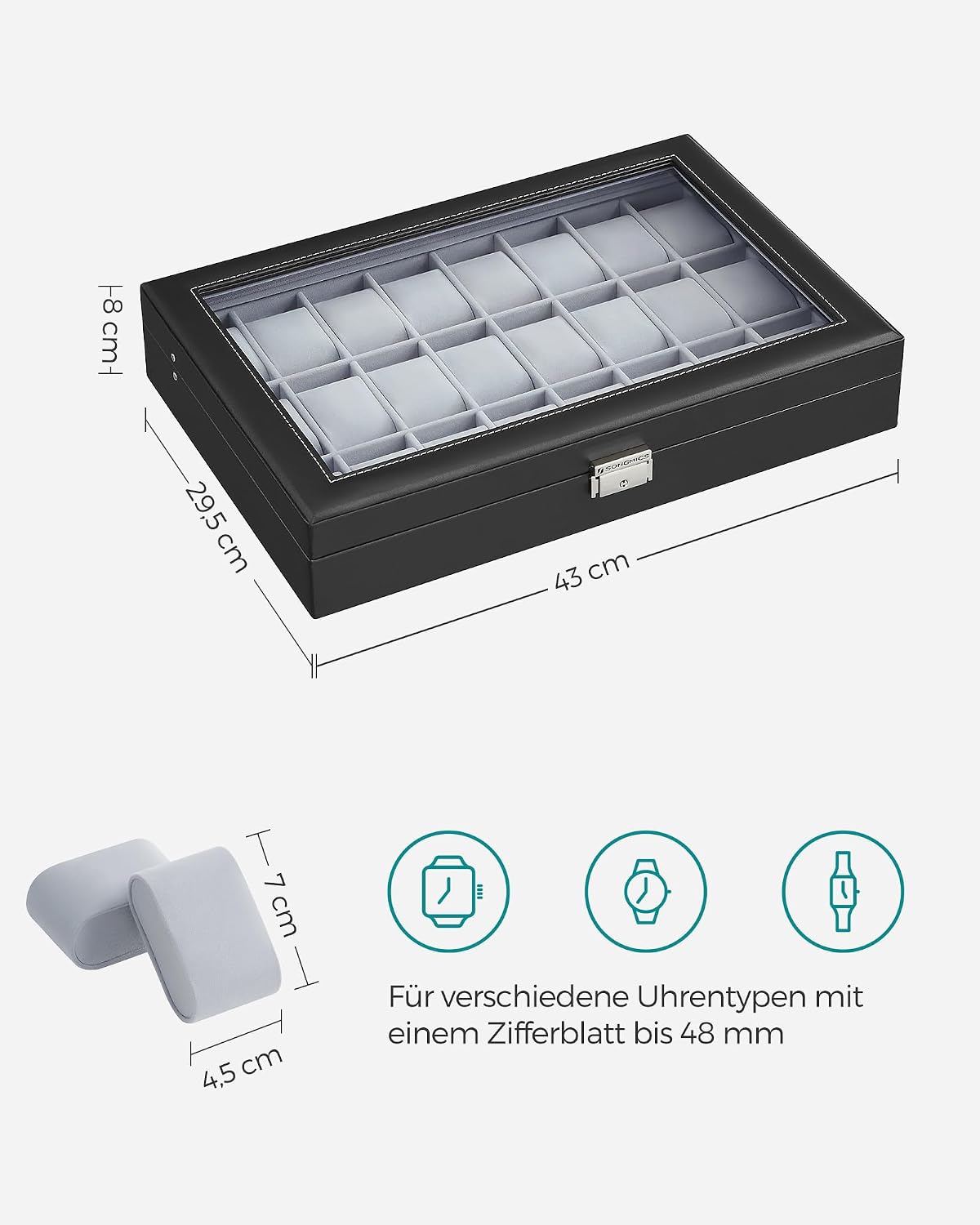 Uhrenbox 24 Fächer Uhrenkoffer mit Glasdeckel Schwarz von Songmics