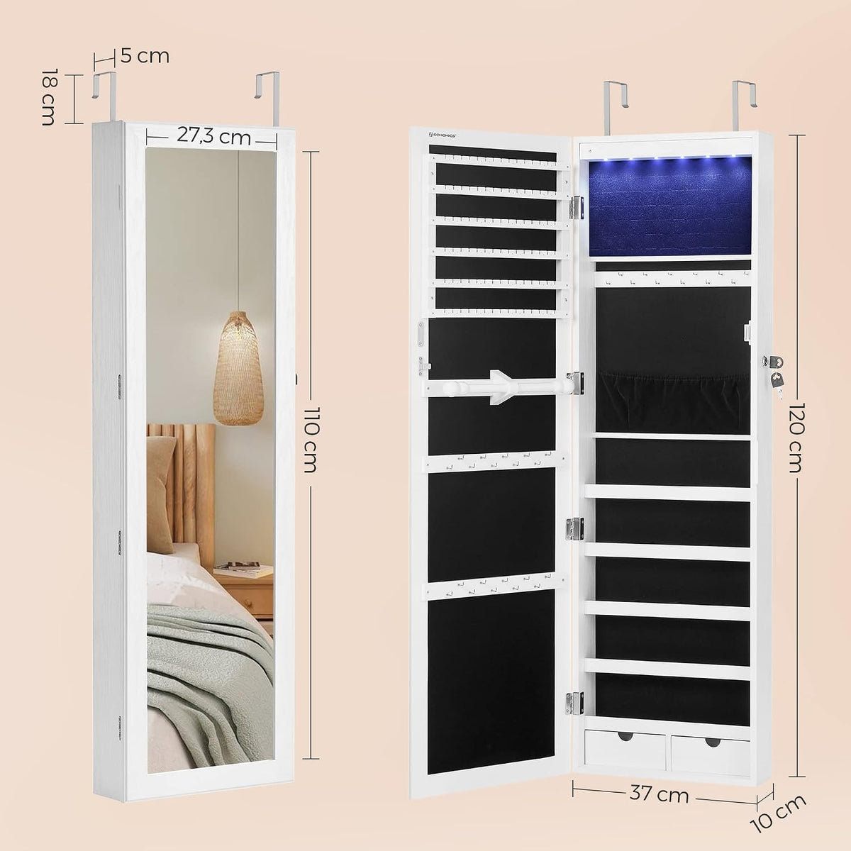 Schmuckschrank mit Spiegel LED 37x10x120 cm Weiss von Songmics