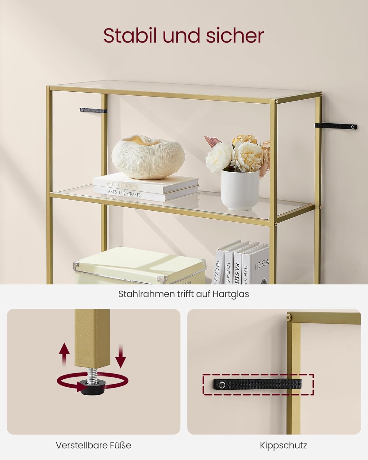 Badregal 6 Ablagen Glas Metall Gold Badezimmer Küche von Songmics