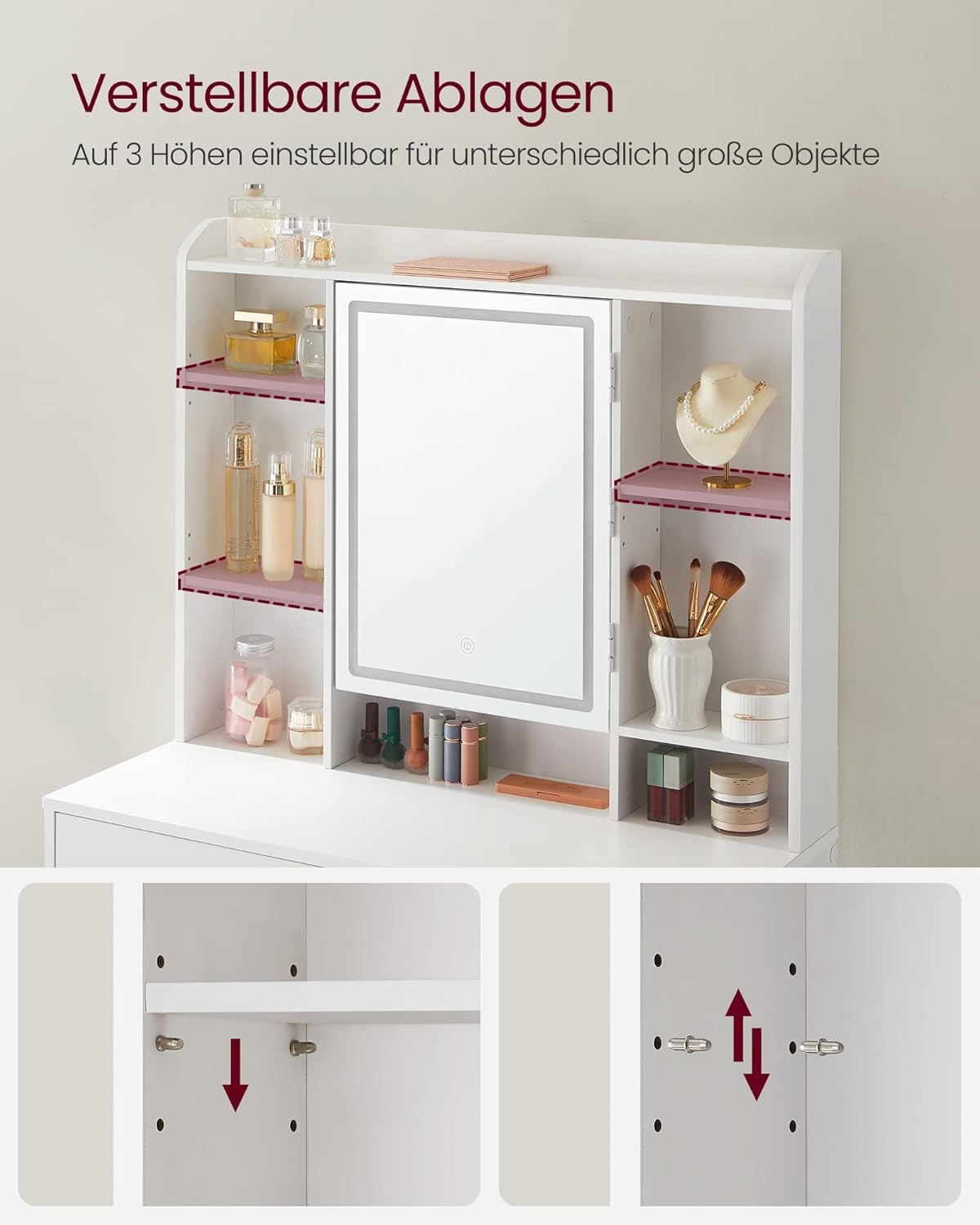 Schminktisch mit LED Spiegel 2 Schubladen verstellbar weiß von Songmics