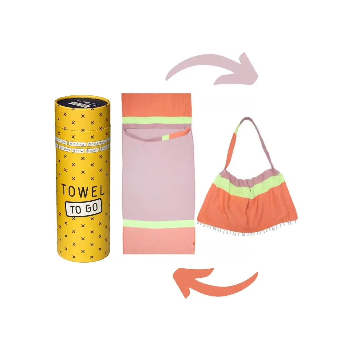 Neon 2-in-1 Strandtuch-Tasche aus Recycelter Baumwolle 180x100cm Orange-Pink gestreift von guteszeug.ch