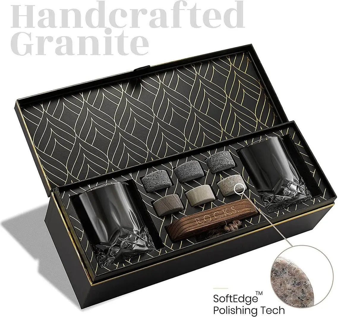 Signature Whiskeygläser mit Kühlsteinen Geschenkset von ROCKS Whiskey Chilling Stones