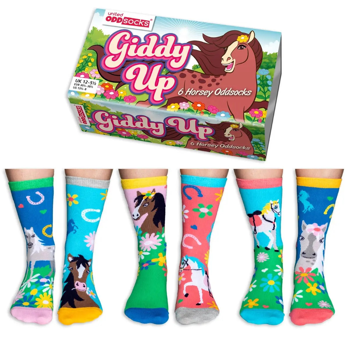 Einzelne Socken im 6er Pack, GIDDY UP Bunte Pferde, Gr. 30,5-38,5, mit Geschenkbox von guteszeug.ch