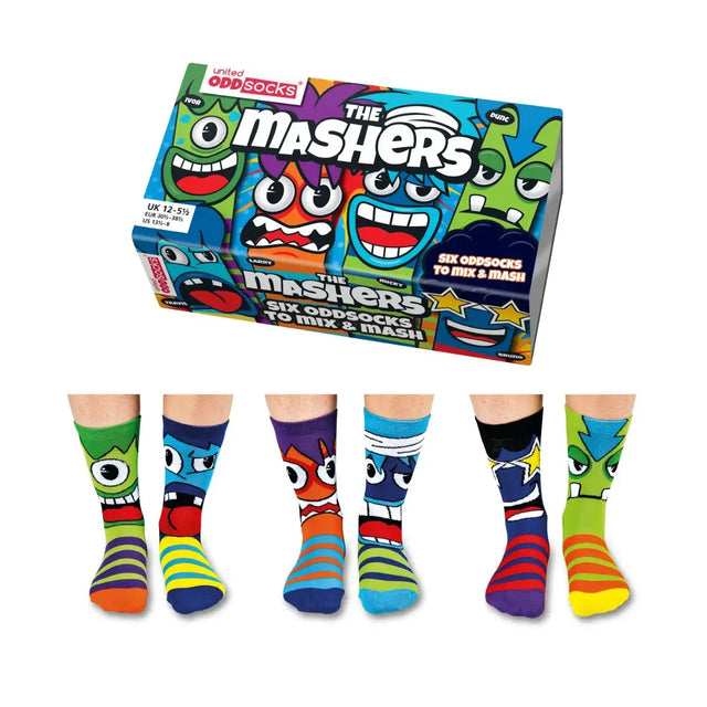 Einzelne Socken im 6er Pack, THE MASHERS Bunte Monster, Gr. 30-38, mit Geschenkbox von United Oddsocks