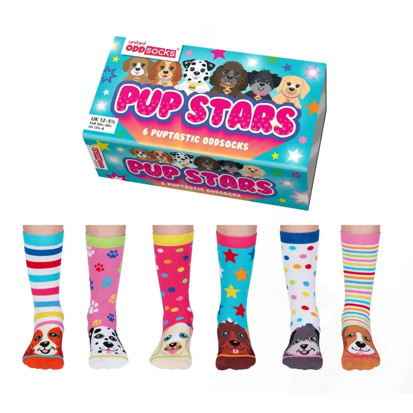 Einzelne Socken im 6er Pack, PUPSTARS Hunde, Gr. 30,5-38,5, mit Geschenkbox von United Oddsocks
