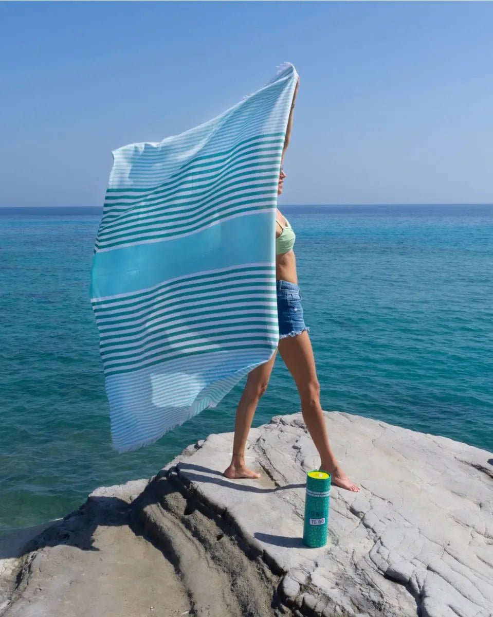 Bali Strandtuch Baumwolle Hamamtuch 180x100cm Türkis-Grün gestreift von guteszeug.ch