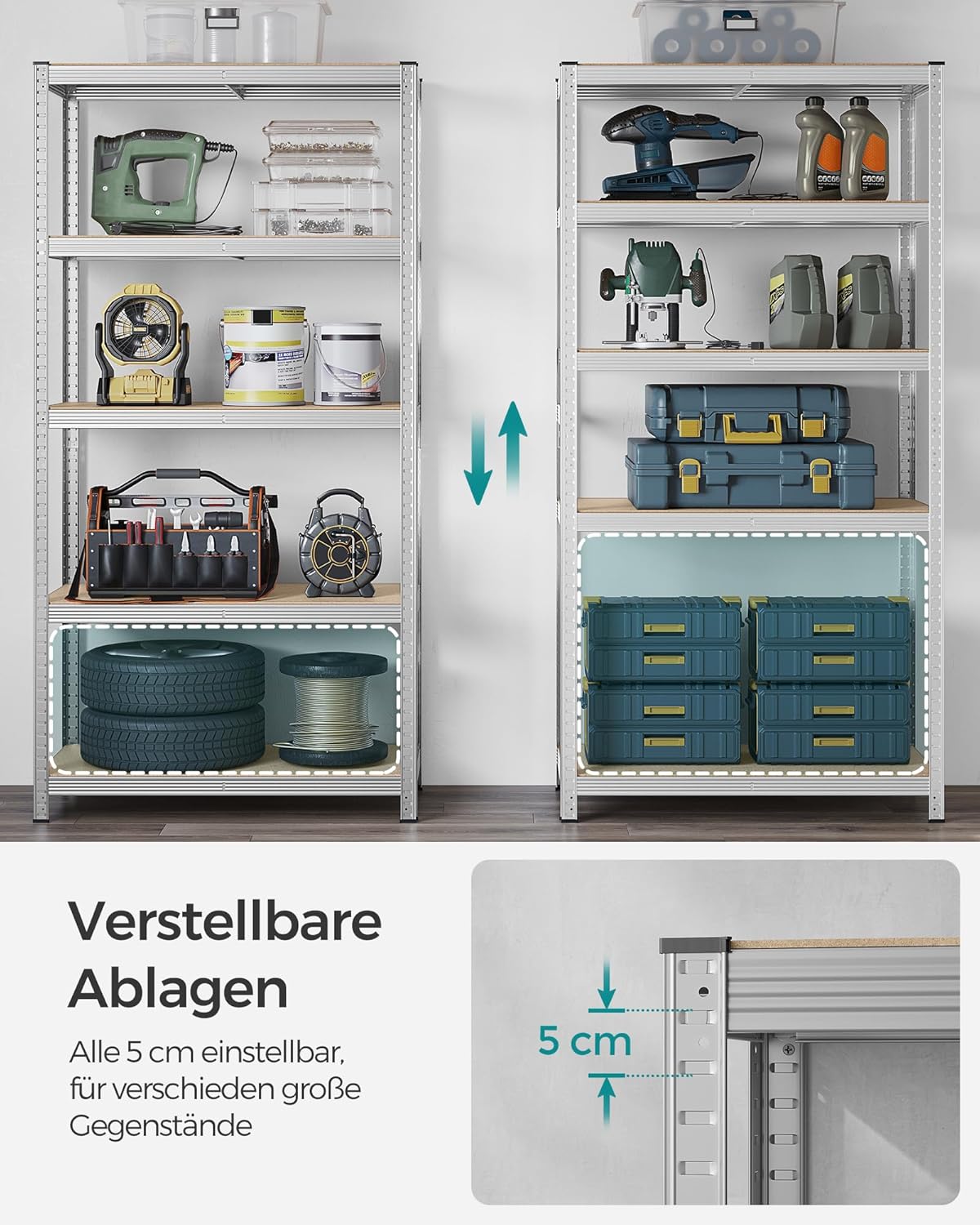 Schwerlastregal 50x100x200 cm 600 kg 5 Ablagen Silber 2er von Songmics