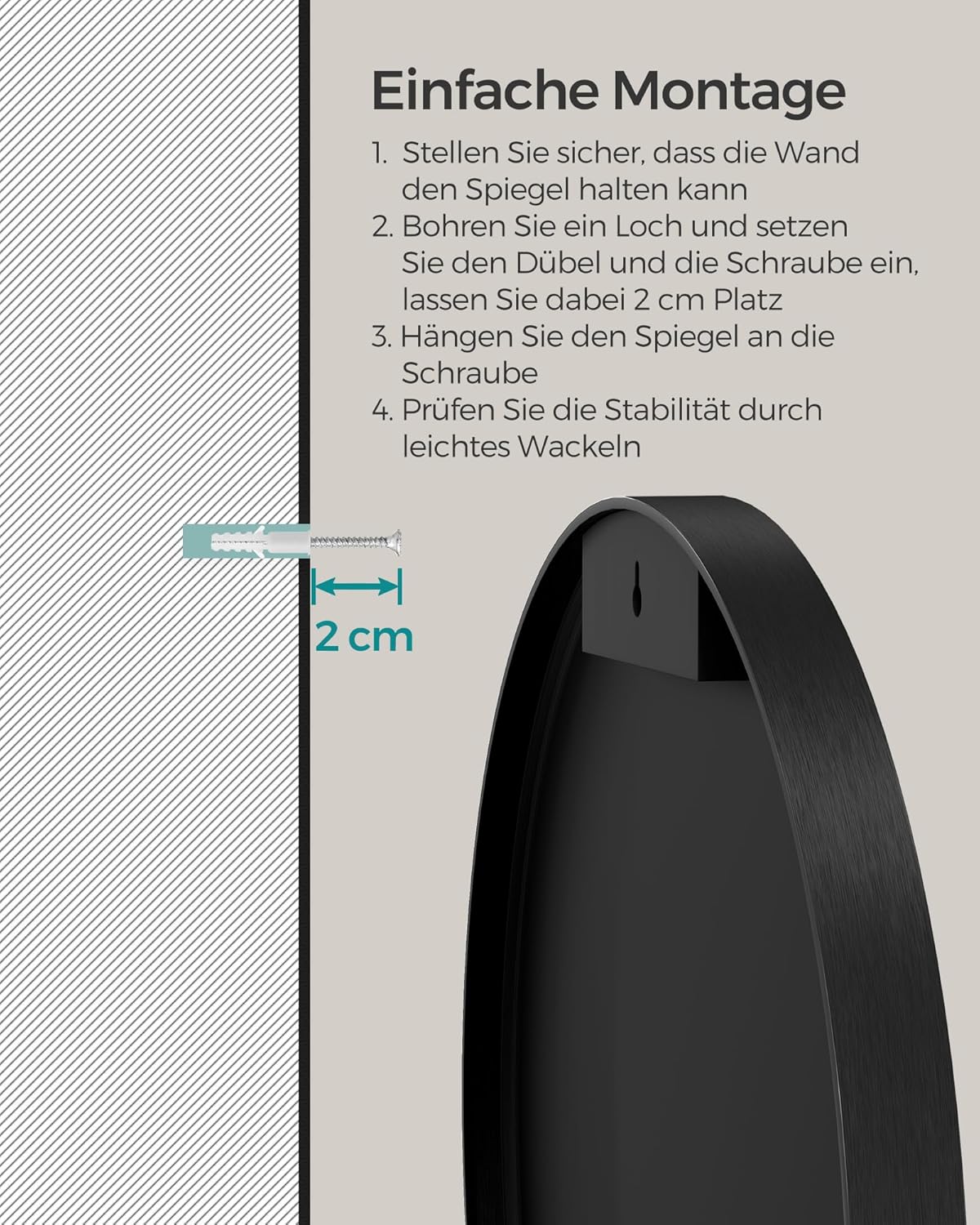 Wandspiegel rund 61 cm Rahmen Schwarz oder Gold von Songmics