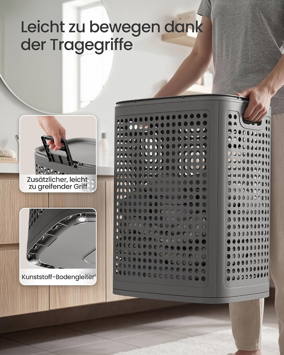 Wäschekorb mit Deckel 75 l PP Kunststoff Dunkelgrau von Songmics
