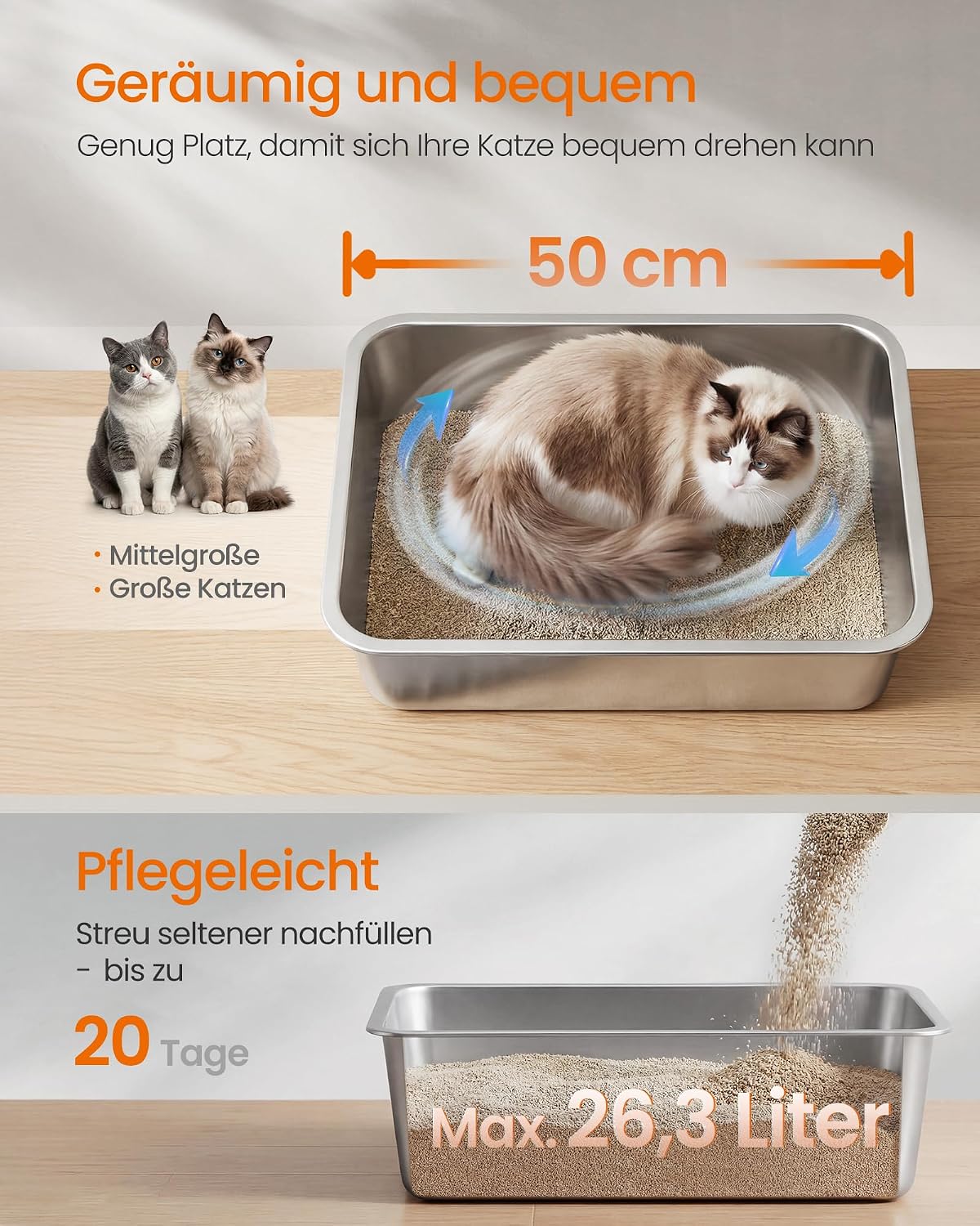 Katzentoilette Edelstahl offen 50x35x15 cm Silbergrau von Songmics