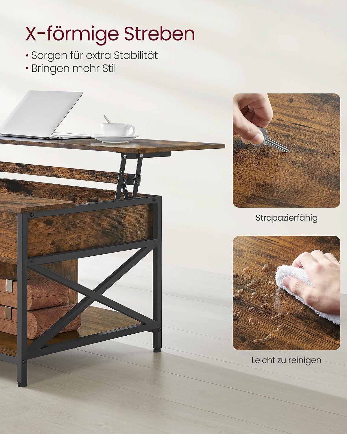 Couchtisch 120x60 cm Liftplatte Stauraum Vintagebraun von Songmics