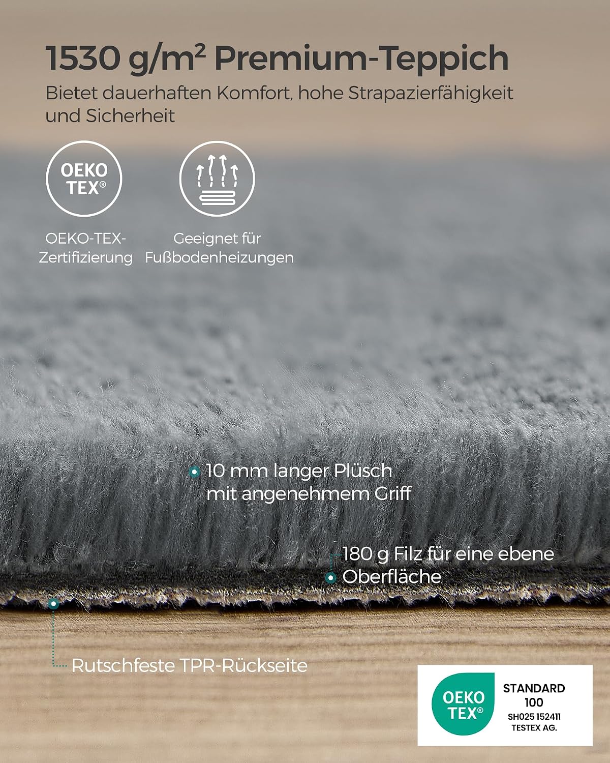 Kurzflor-Teppich 200x290 cm Taubengrau rutschfest von Songmics