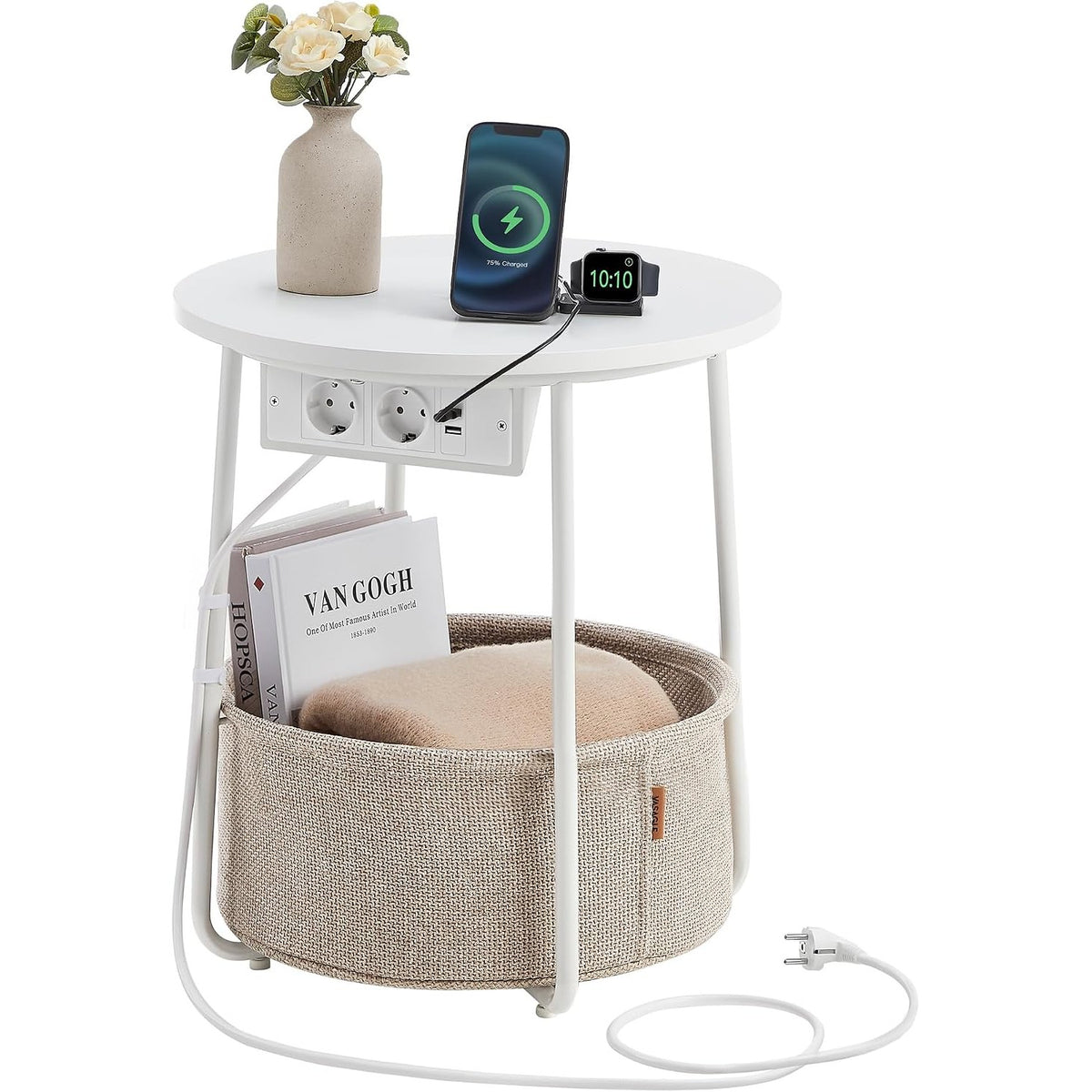 Beistelltisch rund 45x45x50 cm mit Stoffkorb Weiss von Songmics