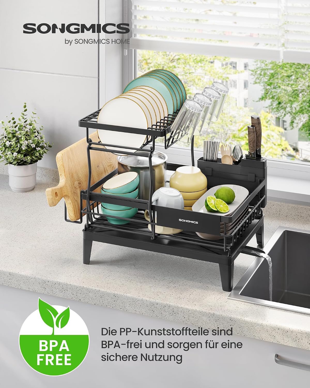 Geschirrabtropfgestell 2 Etagen 31x42x36,5 cm Schwarz von Songmics