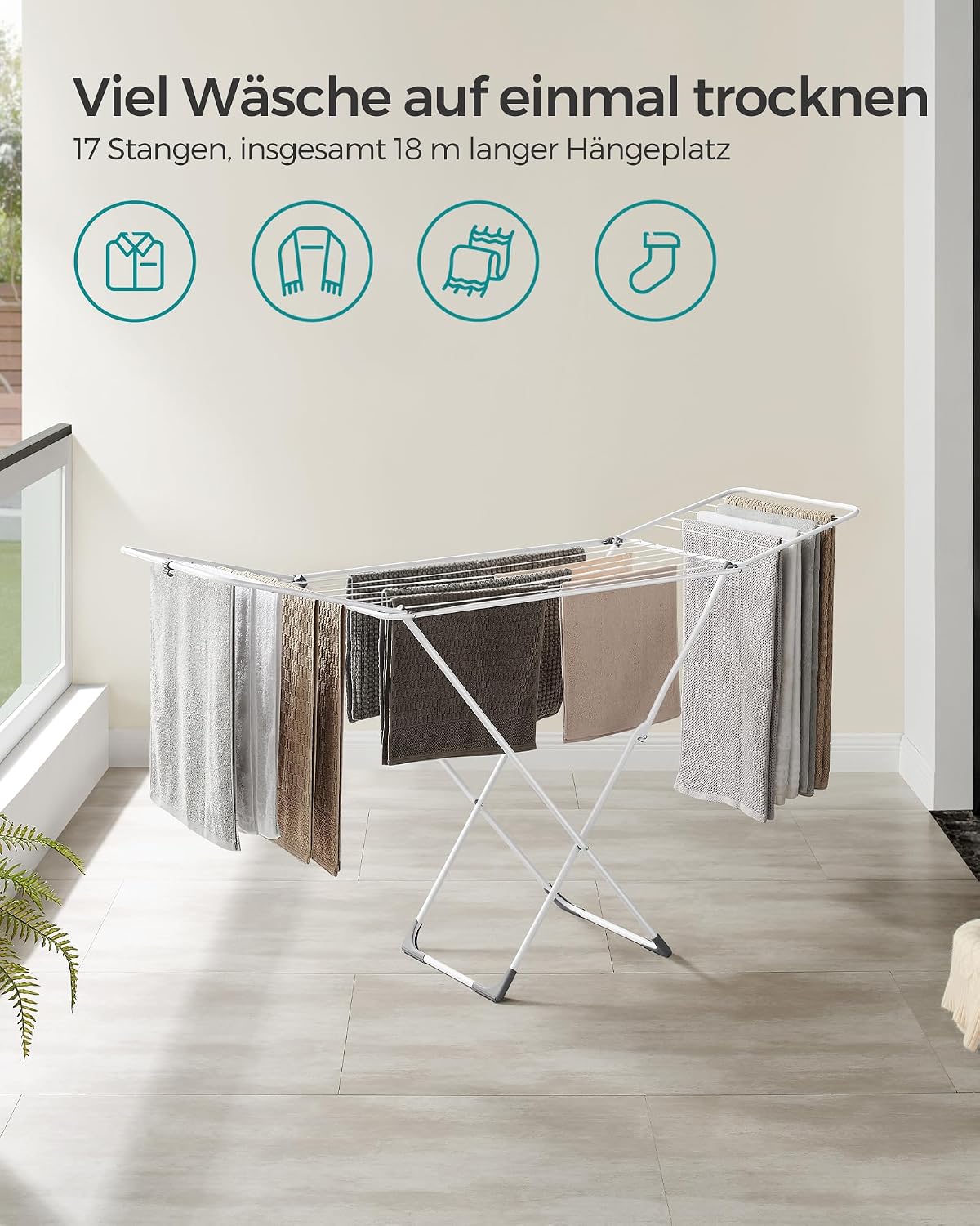 Flügelwäscheständer 17 Stangen 18 m Trockenfläche Weiss von Songmics