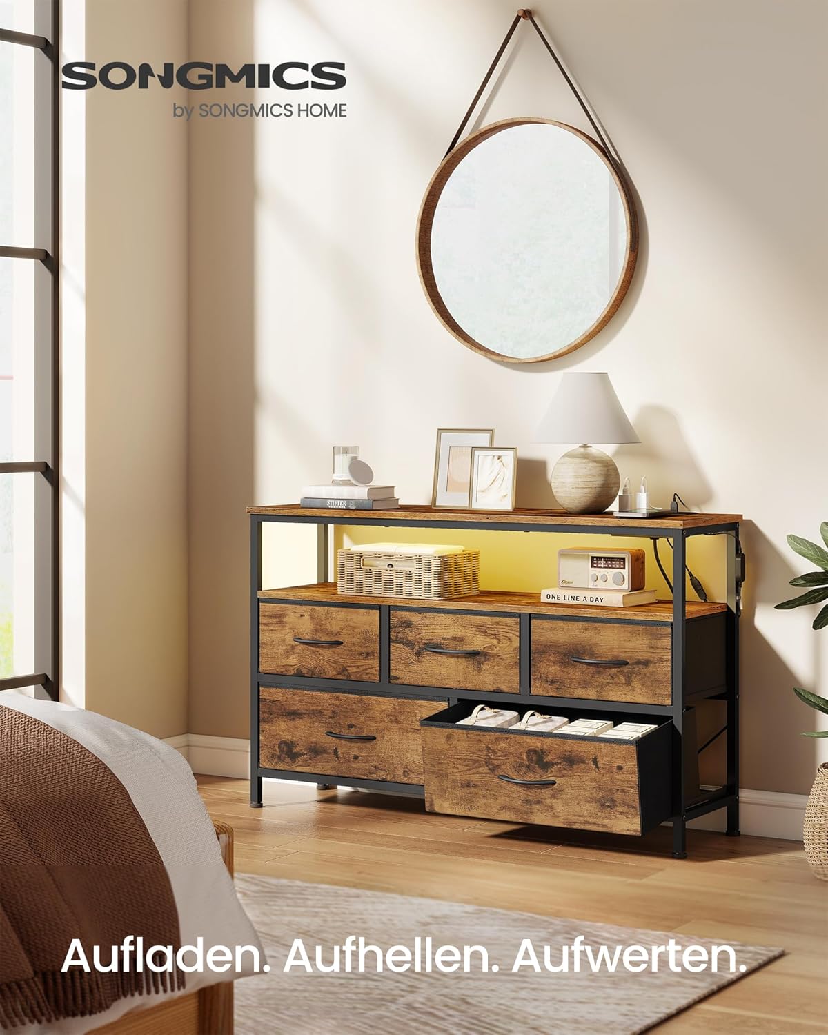 Kommode mit LED-Beleuchtung und Ladestation 5 Schubladen von Songmics