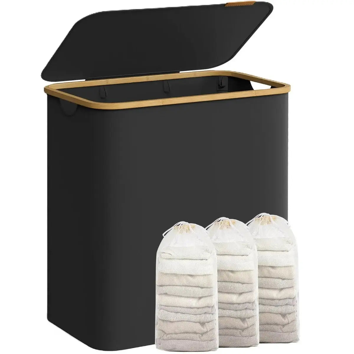Wäschekorb Wäschesammler 3 Fächer Bambus 150l Schwarz von Songmics