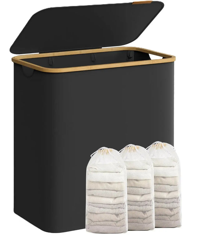 Wäschekorb Wäschesammler 3 Fächer Bambus 150l Schwarz von Songmics