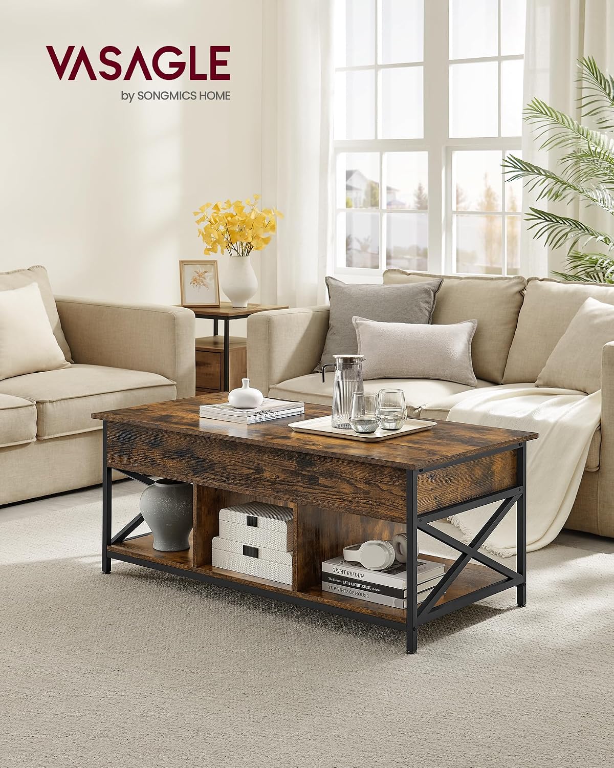 Couchtisch 120x60 cm Liftplatte Stauraum Vintagebraun von Songmics