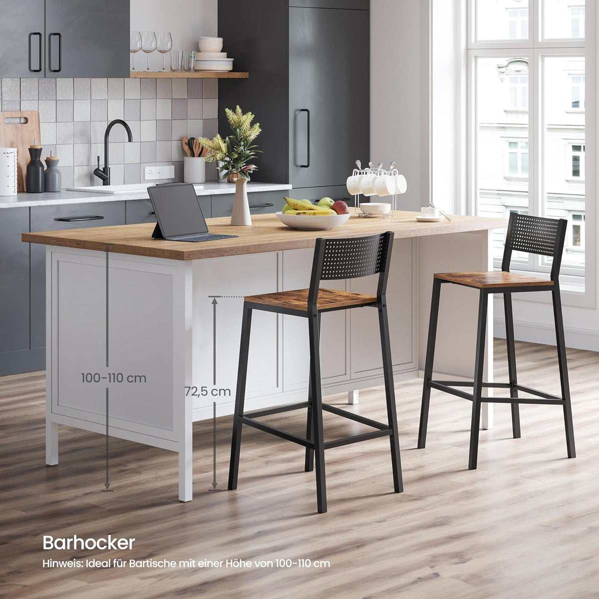 Barhocker 97 cm mit Rückenlehne Industrial Braun Schwarz von Songmics
