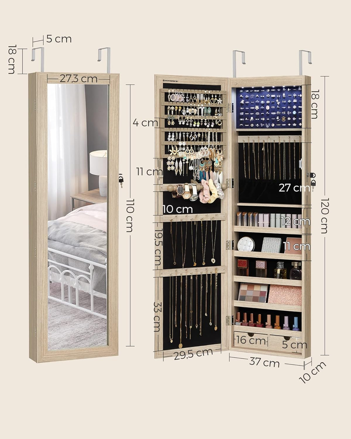 Schmuckschrank mit Spiegel 37x10x120 cm hängend Eiche von Songmics