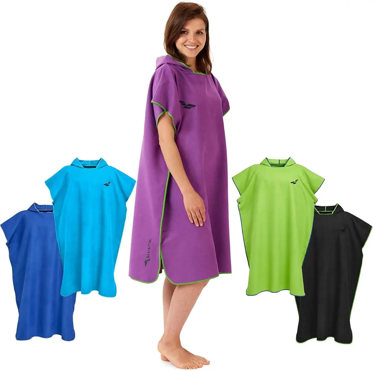 Badeponcho Mikrofaser Unisex schnelltrocknend mit Kapuze L Violett-Grün von guteszeug.ch