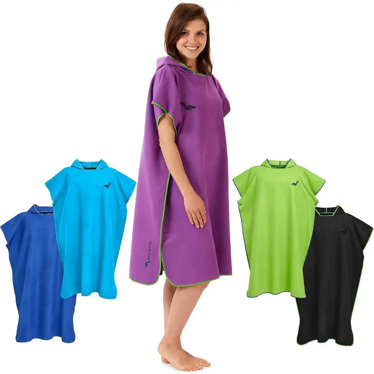 Badeponcho Mikrofaser Unisex schnelltrocknend mit Kapuze M Violett-Grün von guteszeug.ch