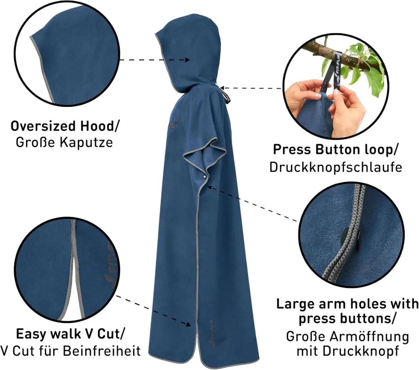 Badeponcho Mikrofaser Unisex schnelltrocknend mit Kapuze M Marineblau-Grau von guteszeug.ch