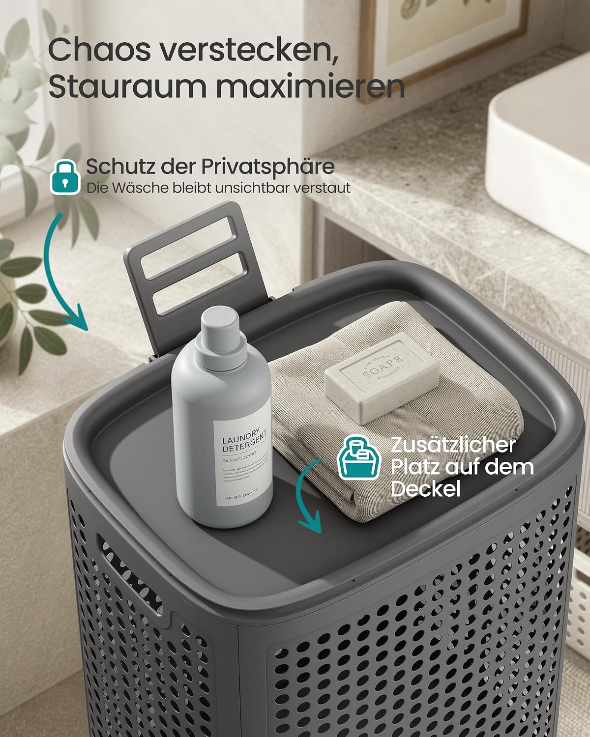 Wäschekorb mit Deckel 75 l PP Kunststoff Dunkelgrau von Songmics