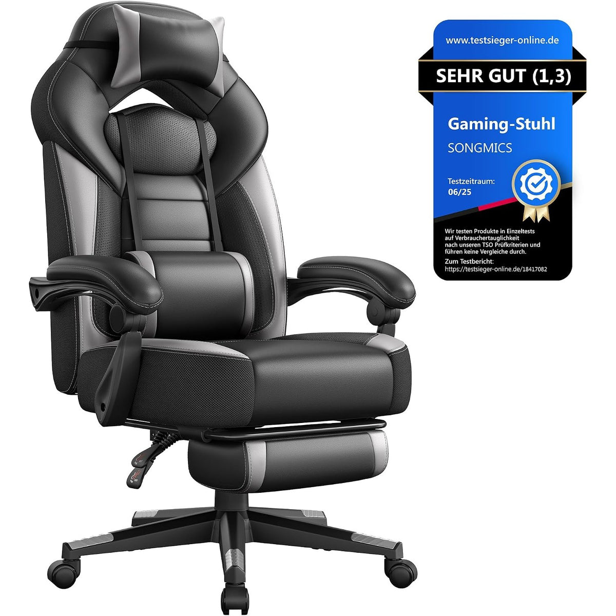 Gamingstuhl Bürostuhl mit Fussstütze Schwarz Grau von Songmics