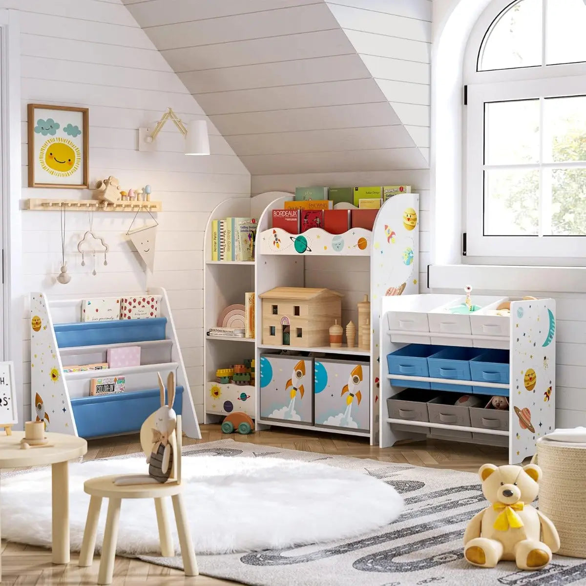 Kinderregal Spielzeugorganizer Bücherregal Weltall Weiss von Songmics