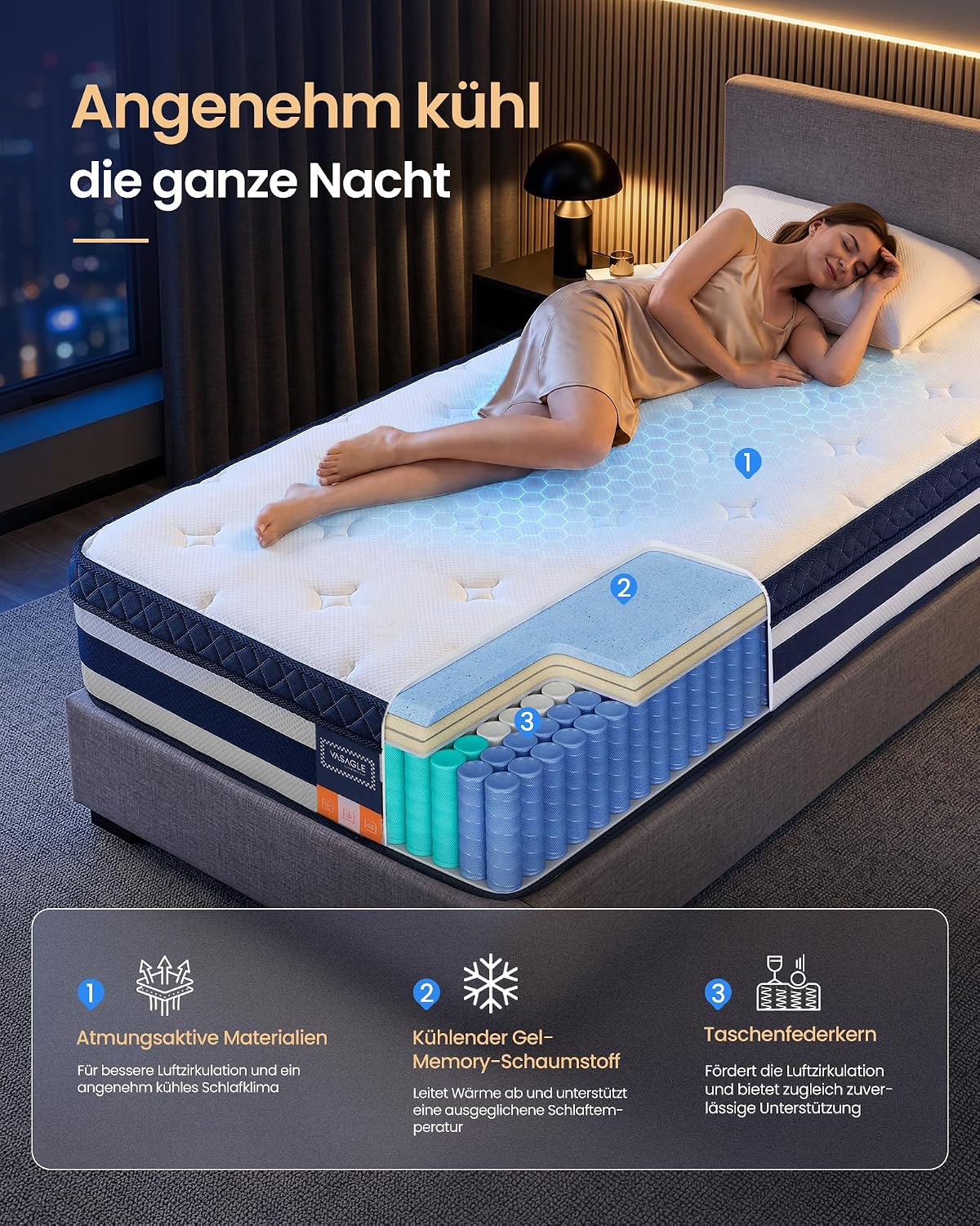 Hybridmatratze 200x90x25 cm 7-Zonen Taschenfederkern von Songmics