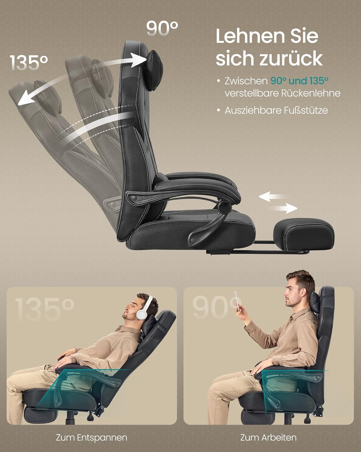 Gaming Stuhl mit Fußstütze und Lendenkissen bis 150 kg von Songmics