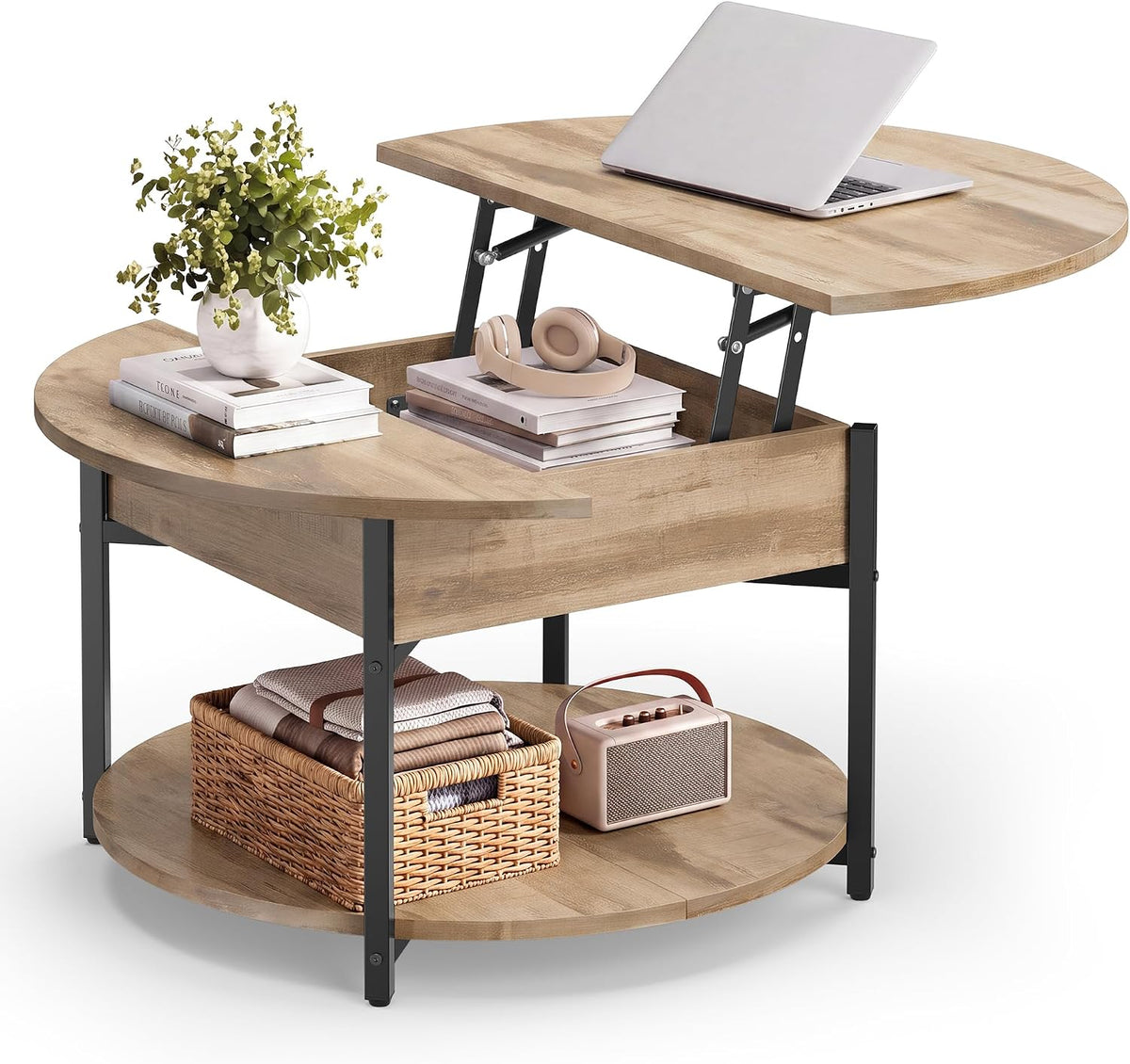 Couchtisch 80 cm rund Hebeplatte Ablage Kamelbraun von Songmics