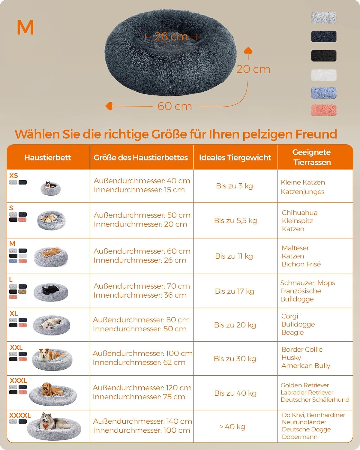 Flauschiges Donut Hundebett Katzenbett waschbar 60cm grau von Songmics