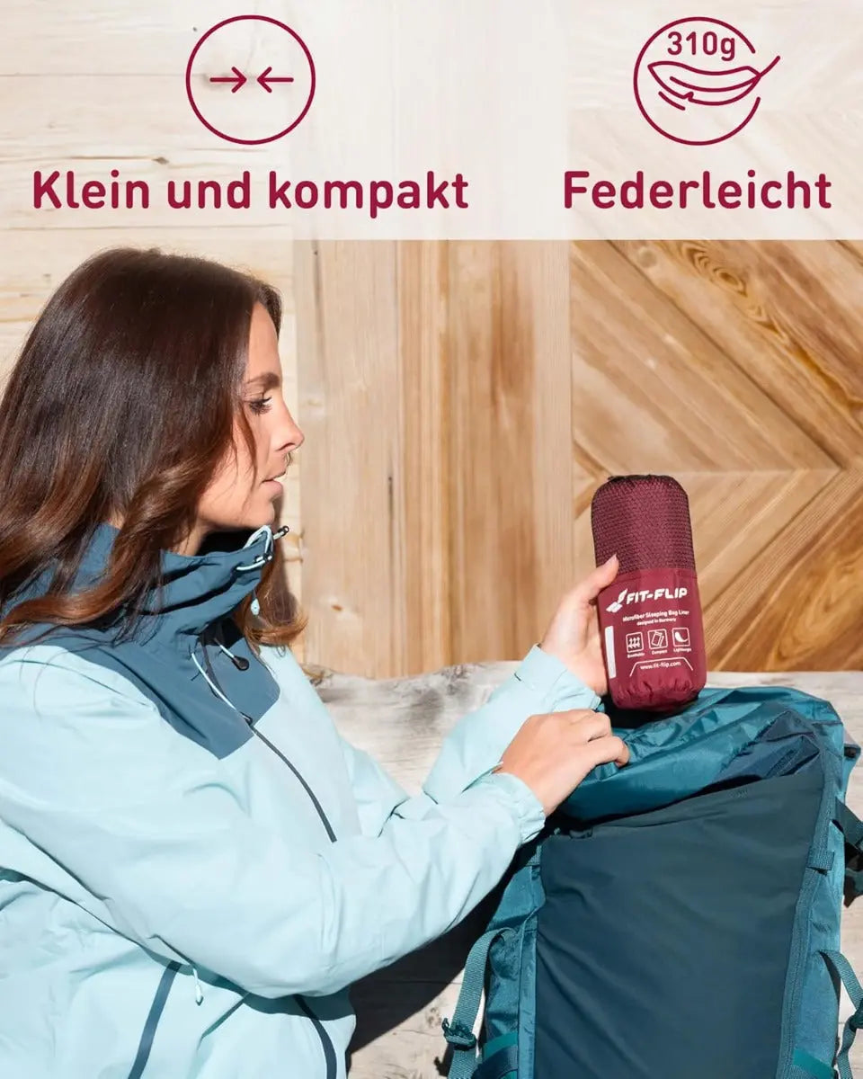Hüttenschlafsack Mikrofaser ultraleicht mit Kissenfach 90x220cm Weinrot von guteszeug.ch