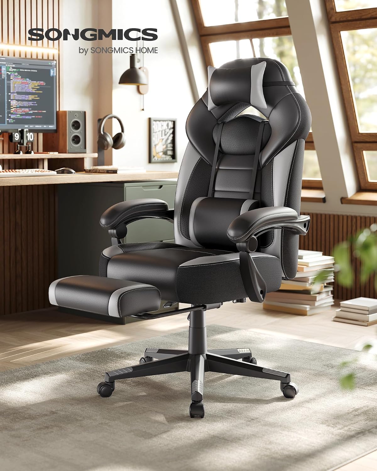 Gamingstuhl Bürostuhl mit Fussstütze Schwarz Grau von Songmics
