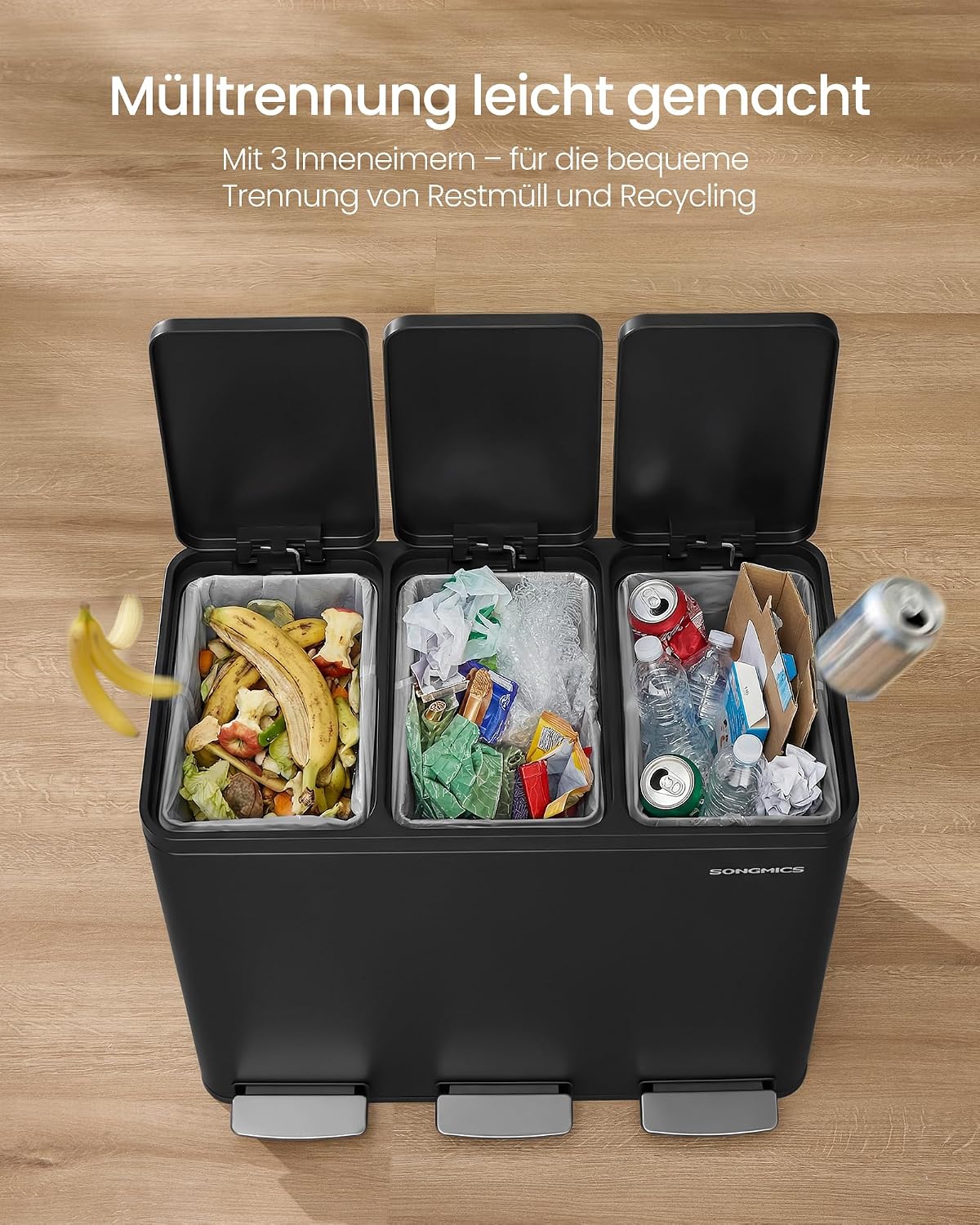 Mülltrennsystem 3 Fächer 54 l Treteimer Schwarz von Songmics