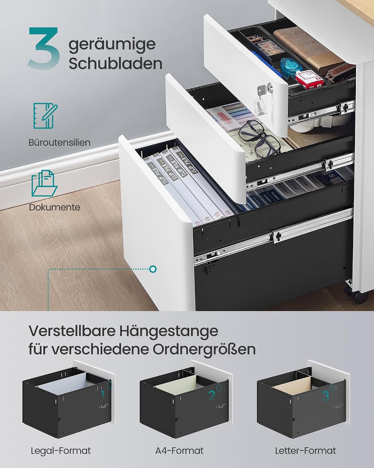 Rollcontainer 3 Schubladen Aktenschrank 50x39x59 cm Weiss von Songmics