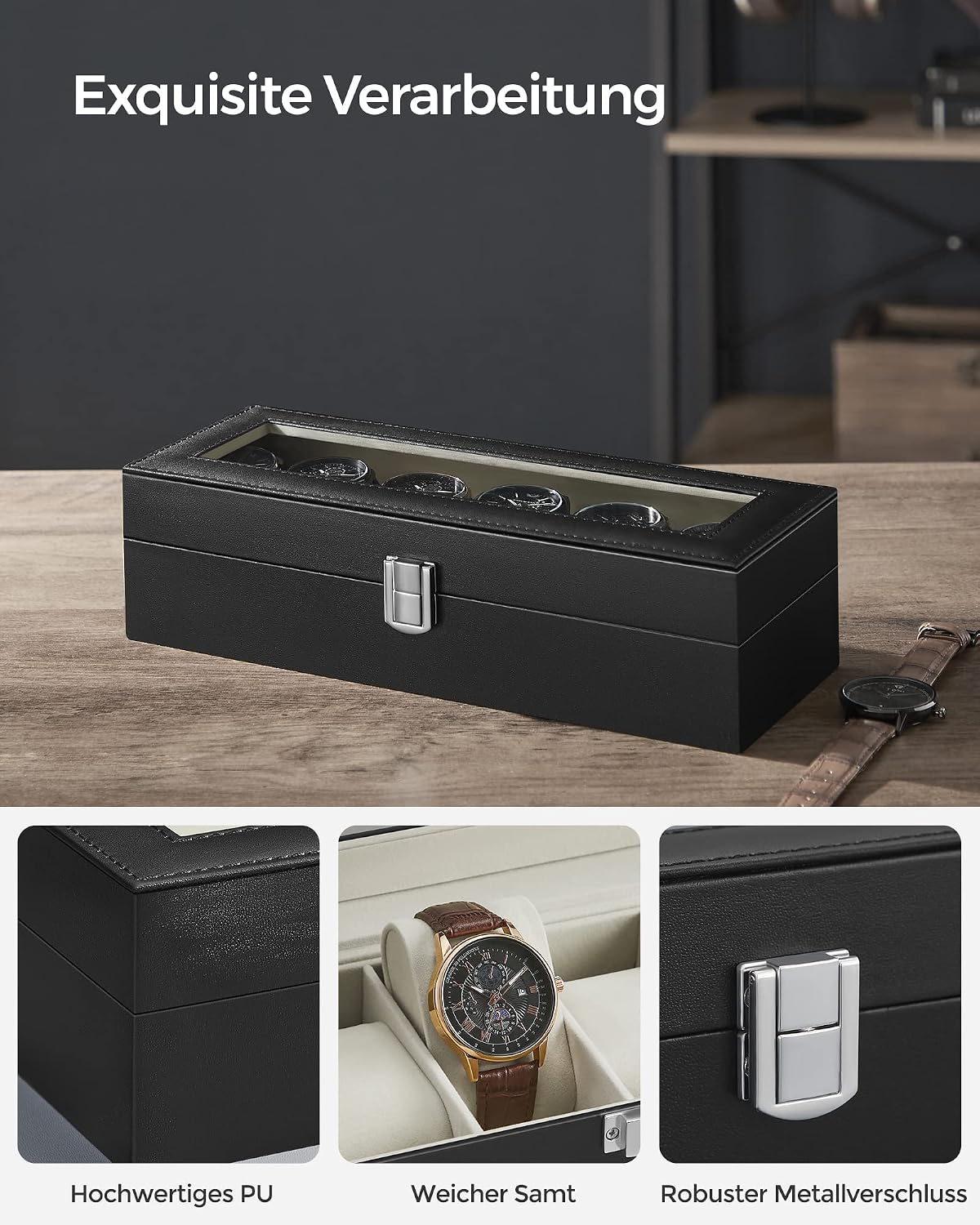 Uhrenbox 6 Fächer Uhrenorganizer Schwarz mit Glasdeckel von Songmics
