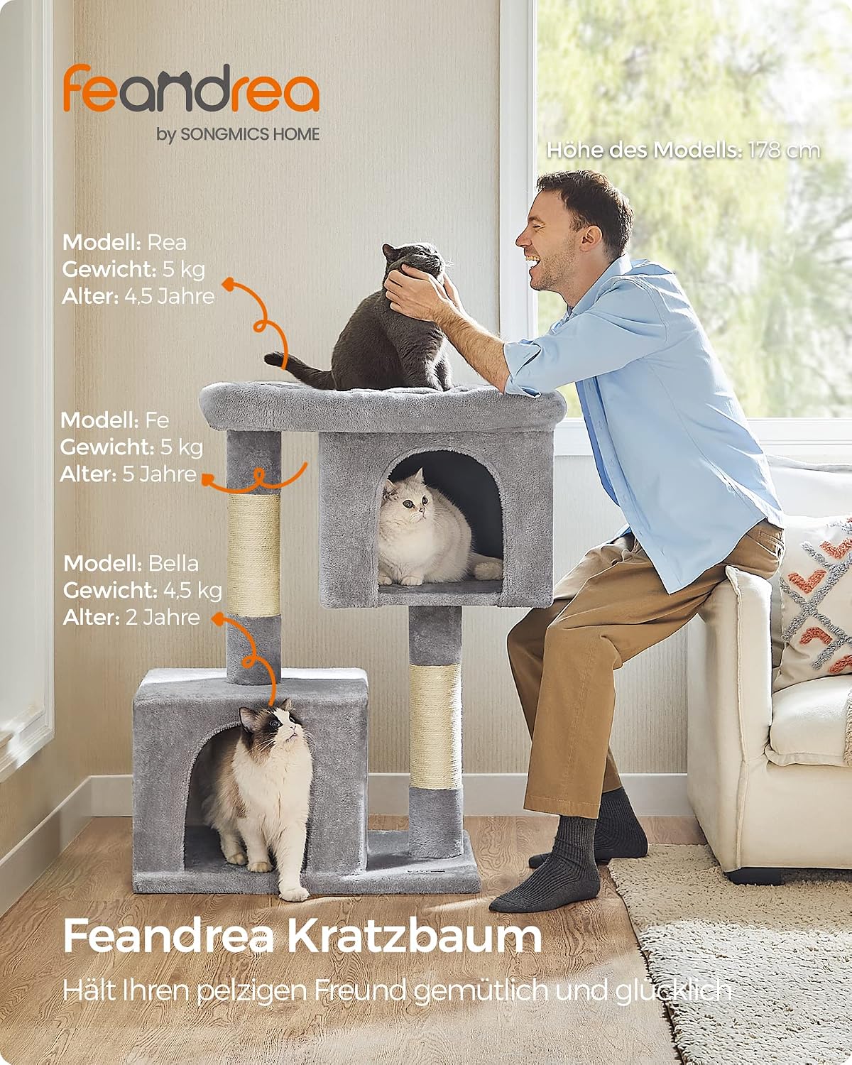 Kratzbaum 101 cm Katzenbaum mit Kippschutz Taubengrau von Songmics