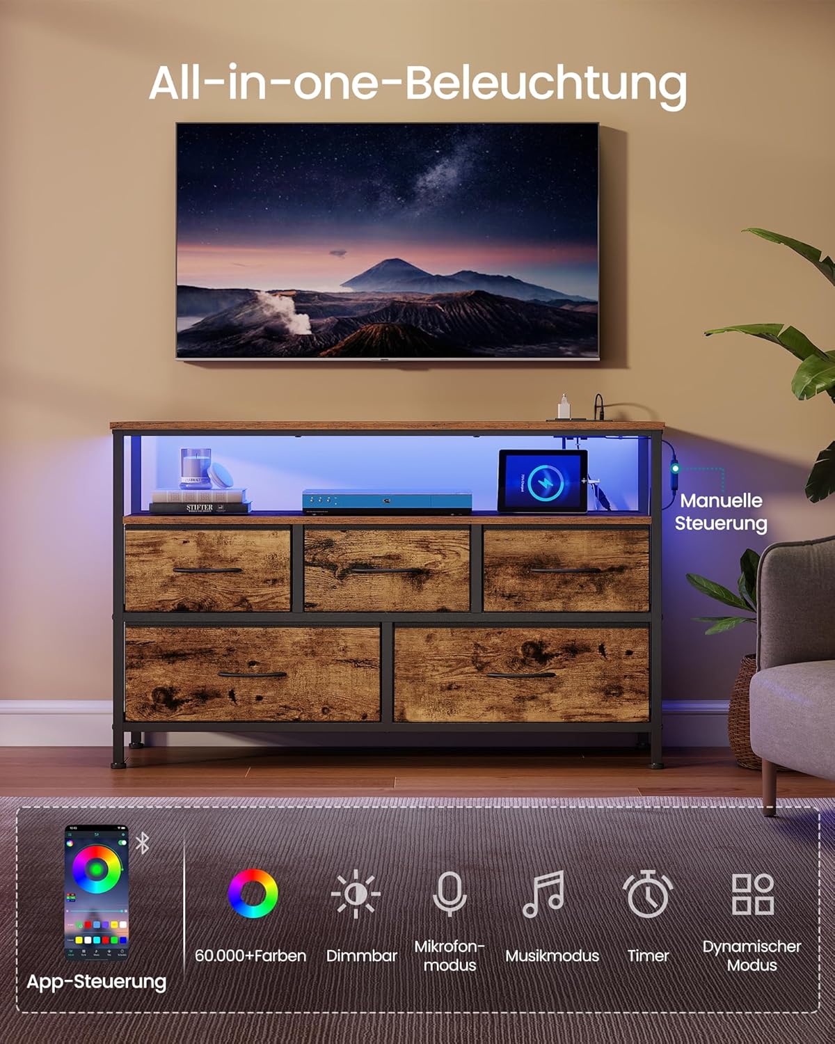 Kommode mit LED-Beleuchtung und Ladestation 5 Schubladen von Songmics