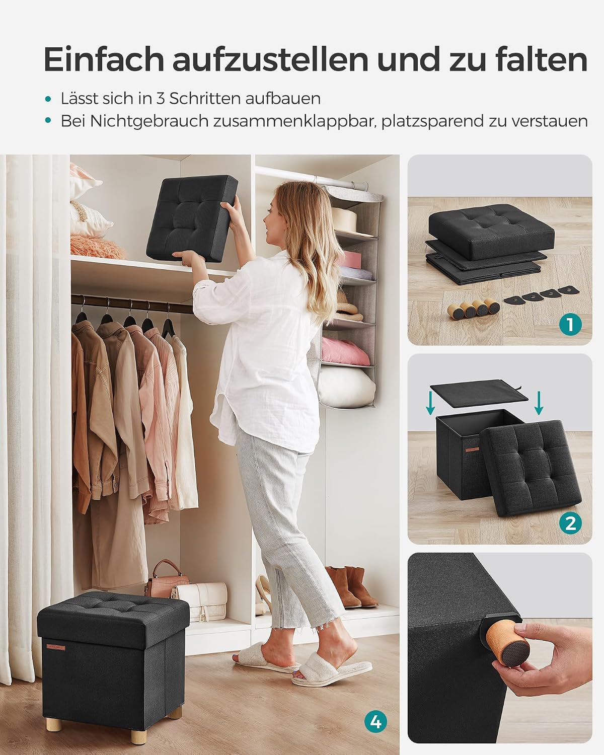 Sitztruhe 38x38x40 cm Sitzbox 37 l Stauraum Schwarz von Songmics