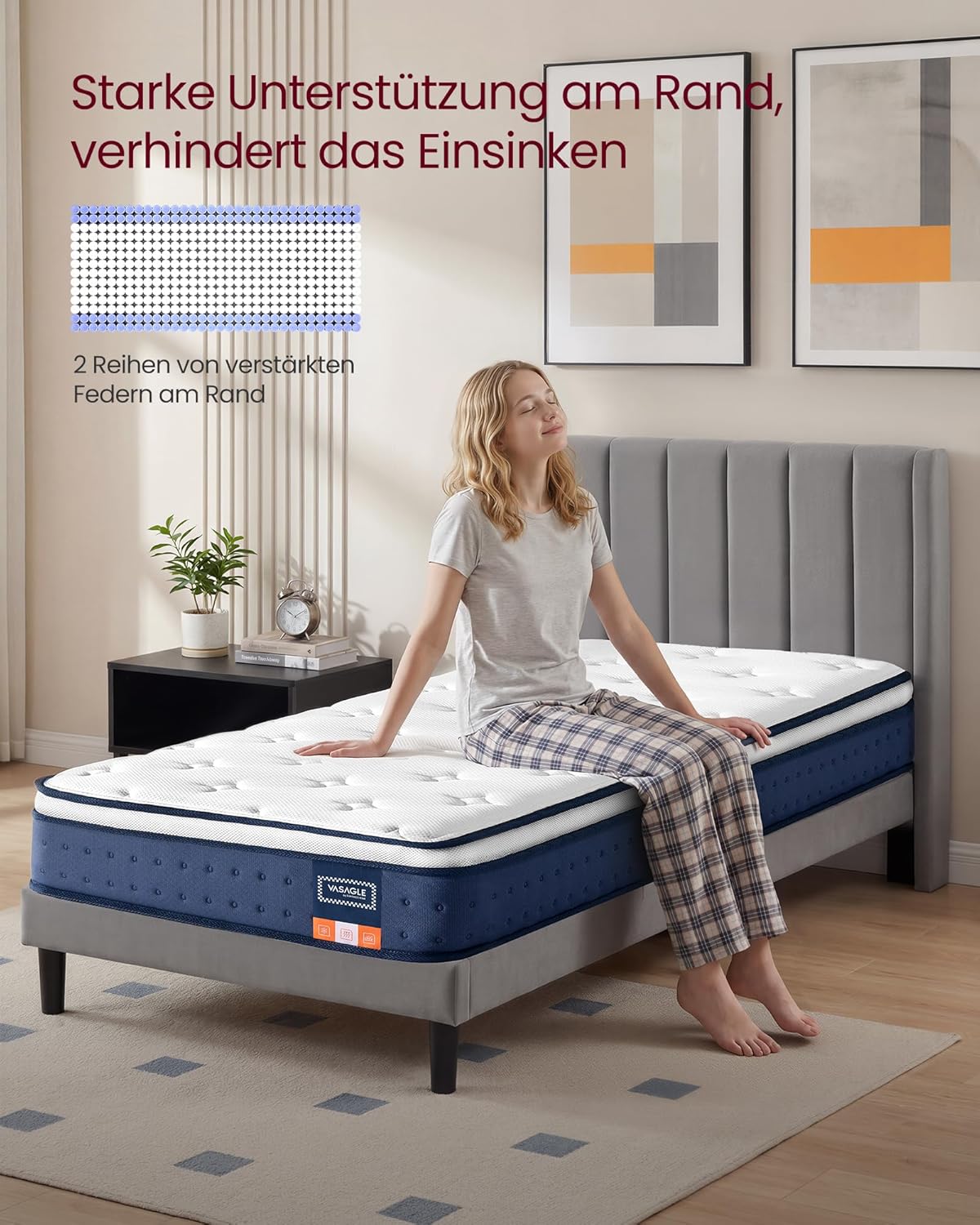 Hybridmatratze 90x200 cm 7 Zonen Taschenfedern Quarzblau von Songmics