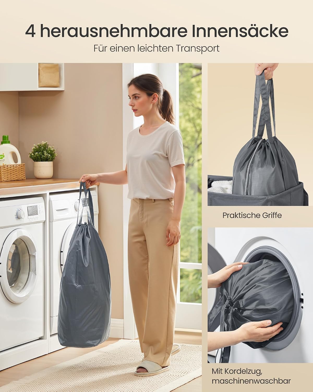 Wäschekorb 210 l 4 Fächer mit Deckel Dunkelgrau von Songmics