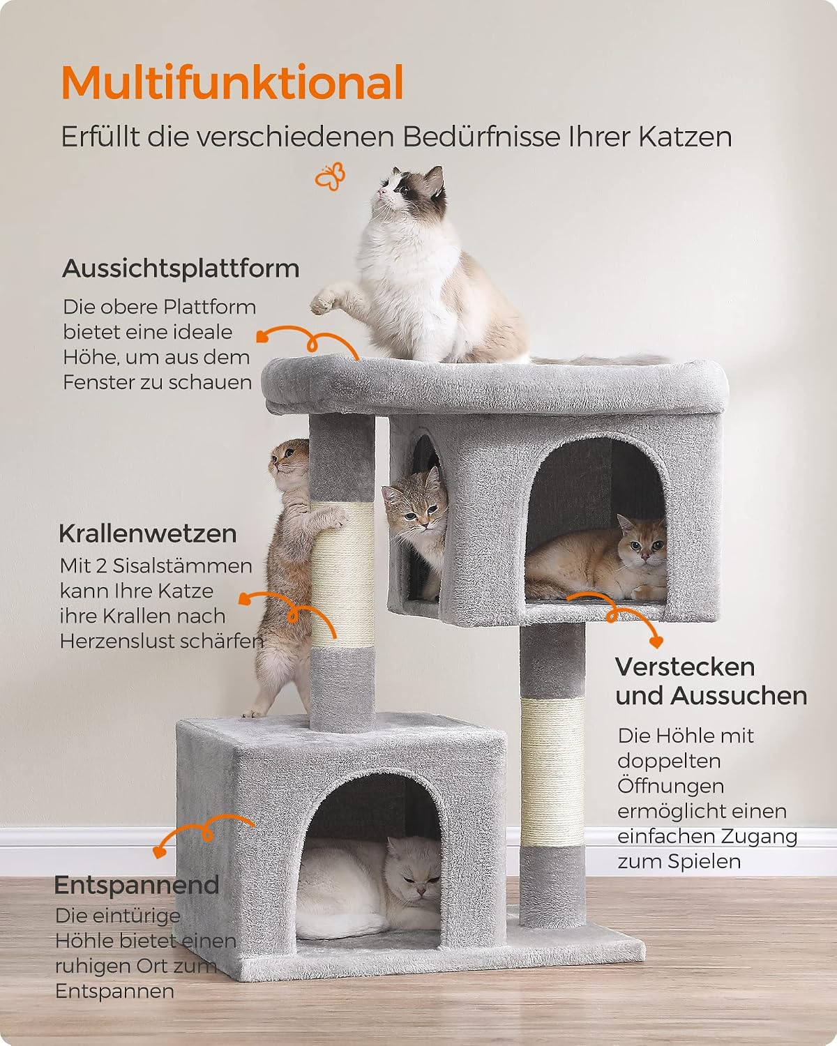 Kratzbaum 101 cm Katzenbaum mit Kippschutz Taubengrau von Songmics