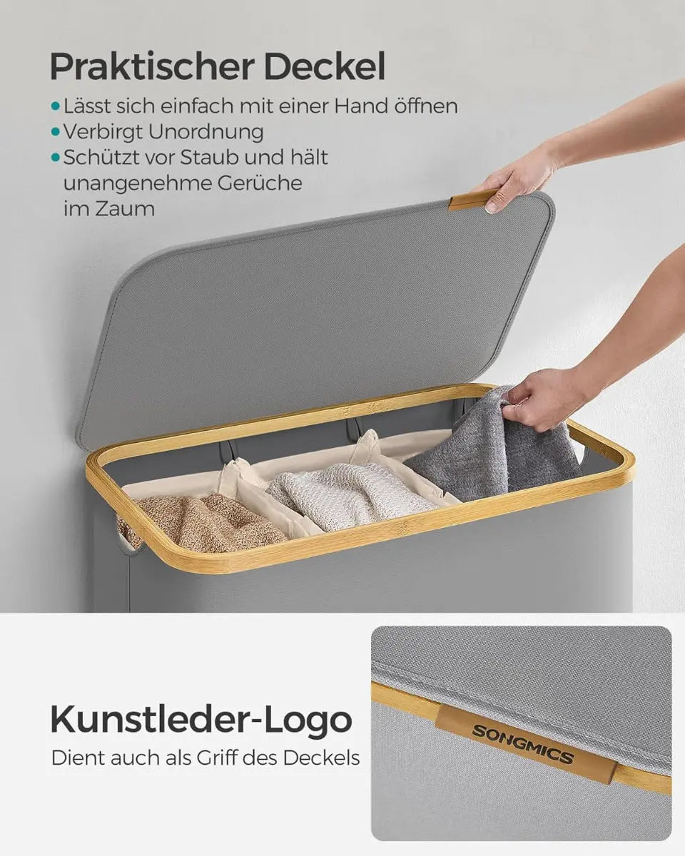 Wäschekorb Wäschesammler 3 Fächer Bambus 150l Grau von Songmics