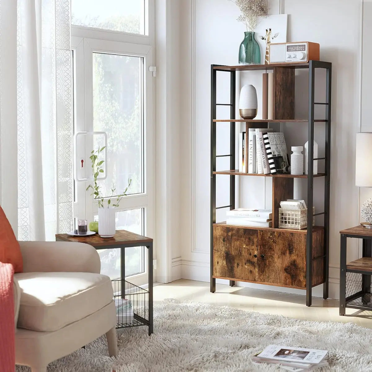 Bücherregal mit Türen Industrie-Design mit Stahlgestell Vintagebraun von Songmics